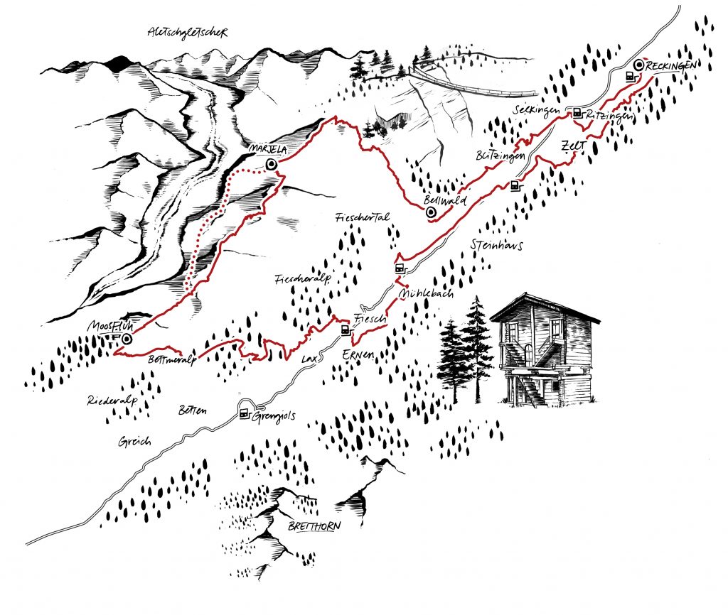 Die Strecke des Stoneman Glaciara Hike führt einerseits durch die idyllischen Dörfer des Wallis und andererseits durch die imposante Bergwelt am Aletschgletscher.